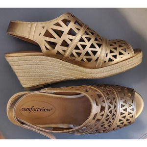 Comfortview Gold Cut-Out Straw Wedge Heel Platform Open Toe Slingback Shoes 9